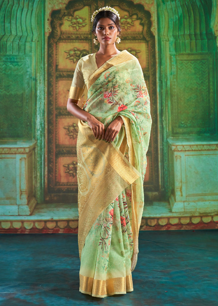 Lily Green Woven Banarasi Cotton Silk Saree With Digital Print – Zari  Banaras