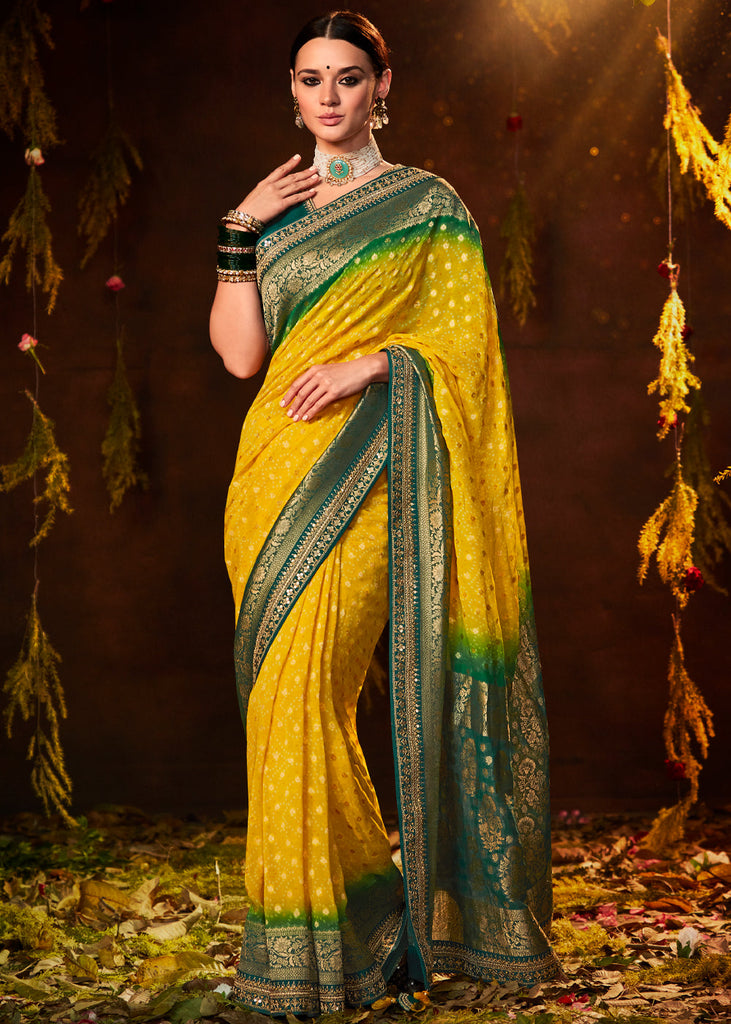 Khaddi Georgette Banarasi - Yellow Red Khadhua Woven – Panache-The Desi  Creations