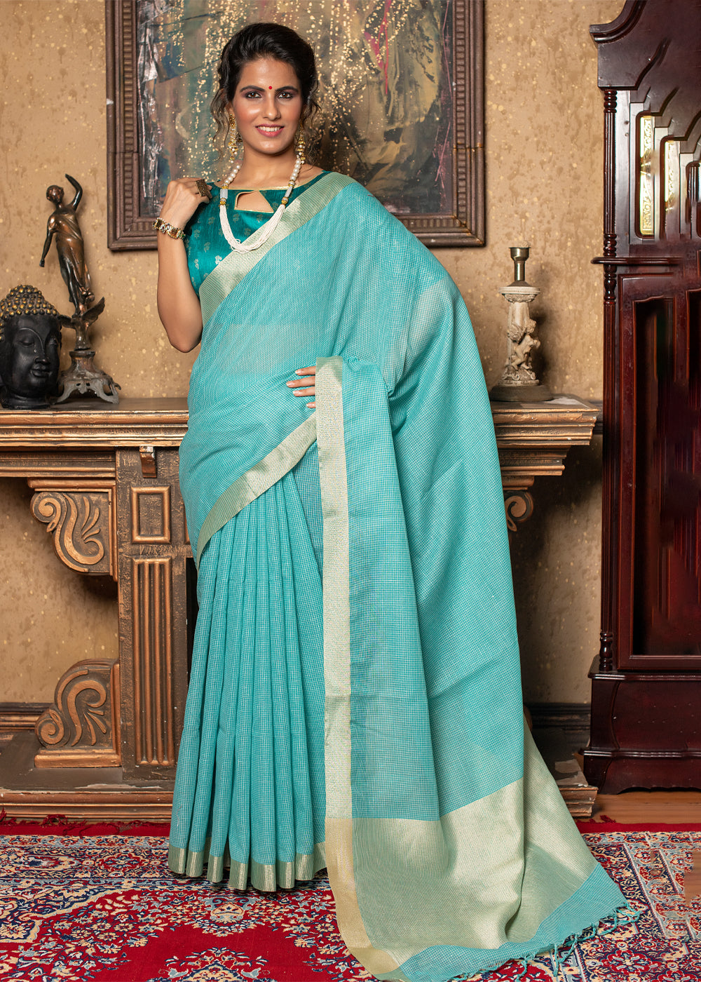 Teal Blue Silk Saree with Contrast Blouse