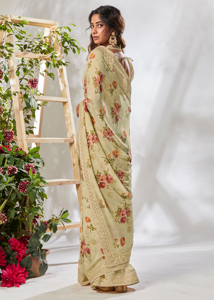 FROST BEIGE PRINTED SAREE WITH EMBROIDARY (6885525684417)