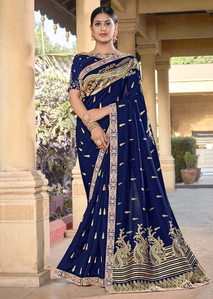 Indigo Blue Colour Printed Chanderi Cotton Saree | jeyachandran.com