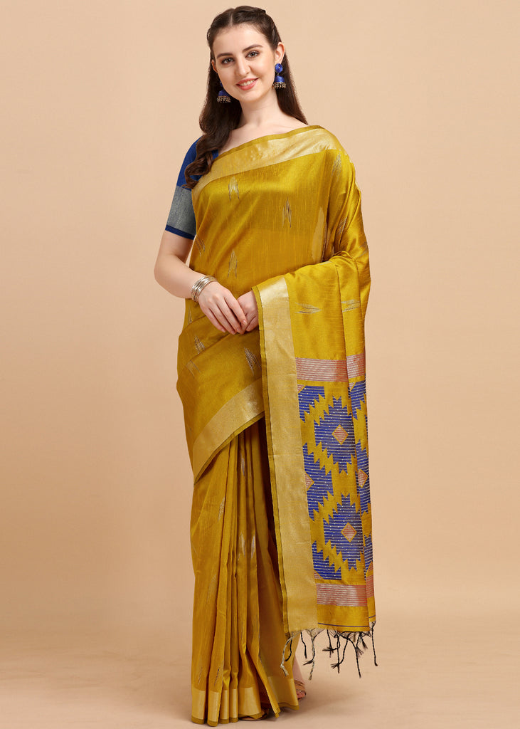 MUSTARD YELLOW WOVEN TEXTURED COTTON SILK SAREE