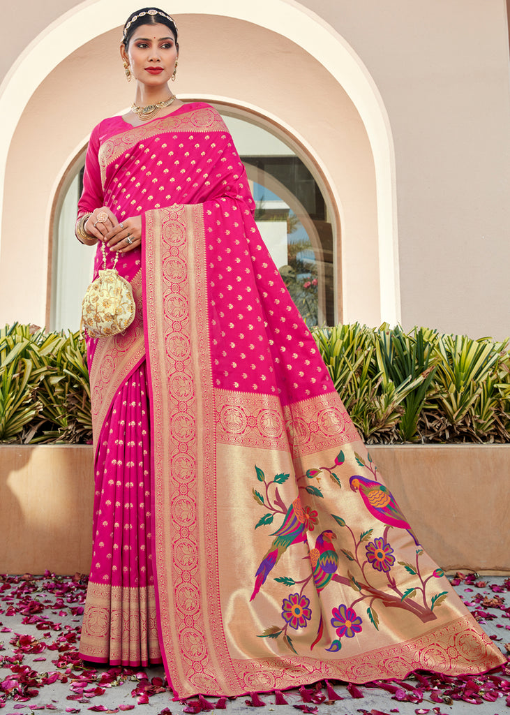 Rani Pink Woven Paithani Silk Saree – Zari Banaras