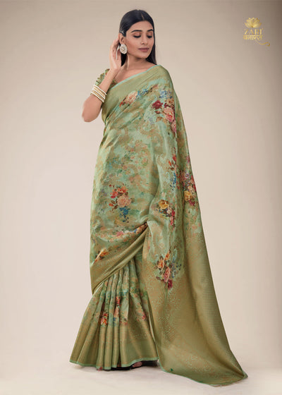 DEEP MINT GREEN WOVEN JECQUARD FLORAL PRINT SAGA SAREE (6782265393345)