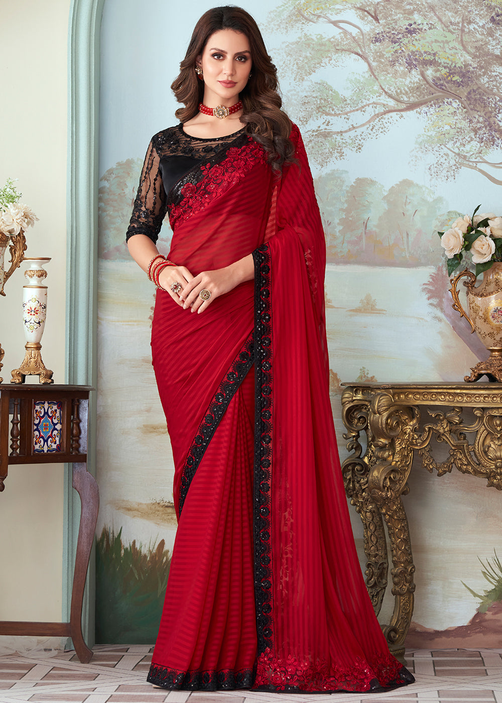 Buy Online Red Embroidered Designer Saree with Grey Embroidered Blouse –  Pure Elegance