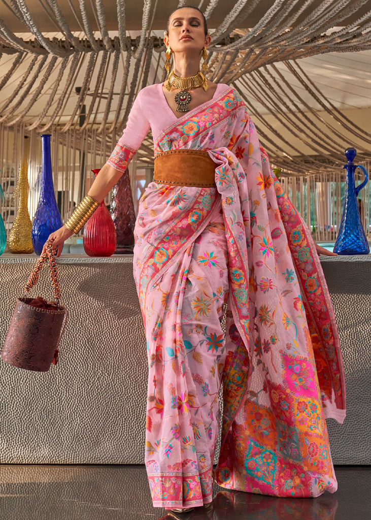 Baby Pink Woven Kashmiri Cotton Silk Saree