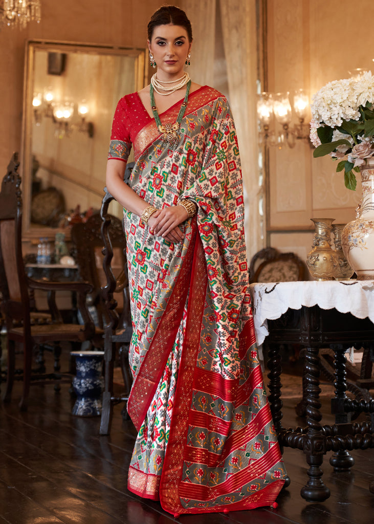 RED AND OFF WHITE WOVEN PATOLA SILK SAREE