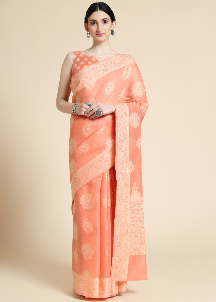 PLUM PEACH LUCKNOWI CHIKANKARI COTTON SILK SAREE