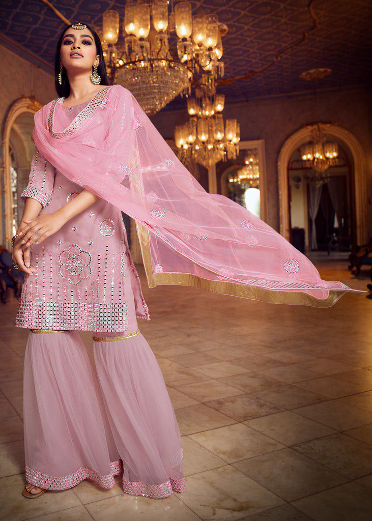 ROSE PINK HEAVY EMBROIDERED SEMI STITCHED ANARKALI SHARARA SET (6828610617537)