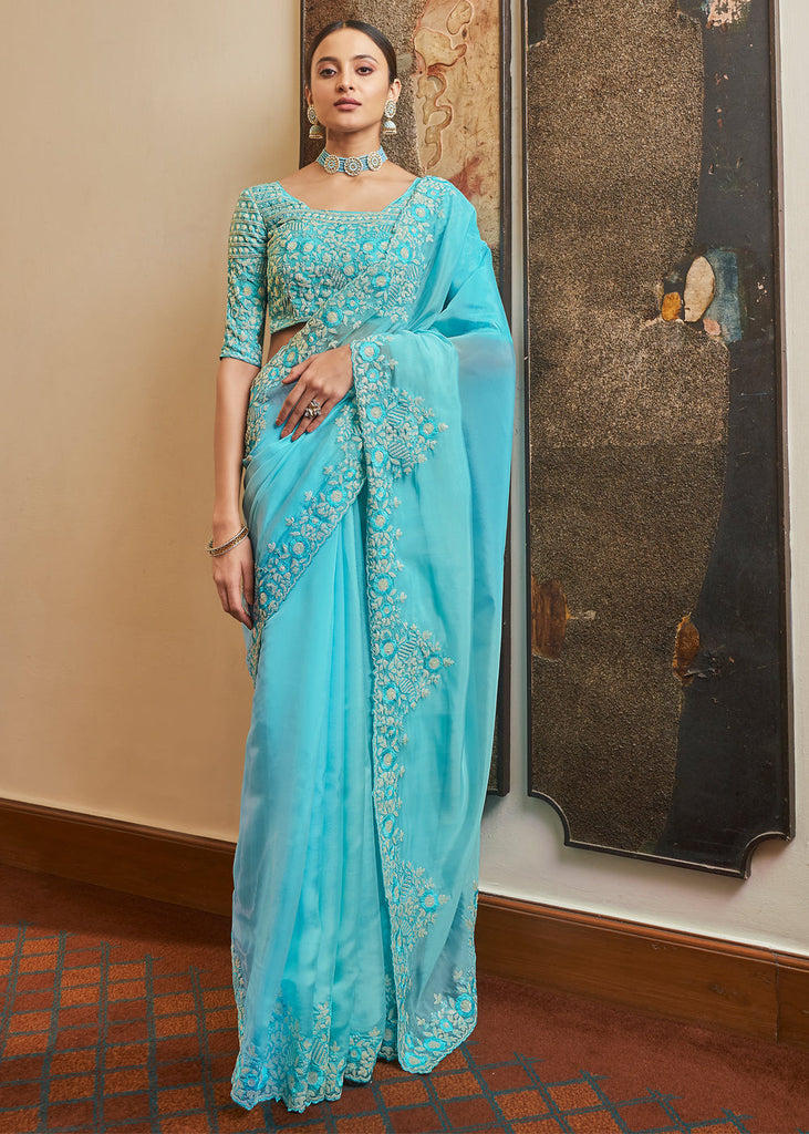 OCEAN BLUE ORGANZA SILK DESIGNER SAREE (6873798967489)