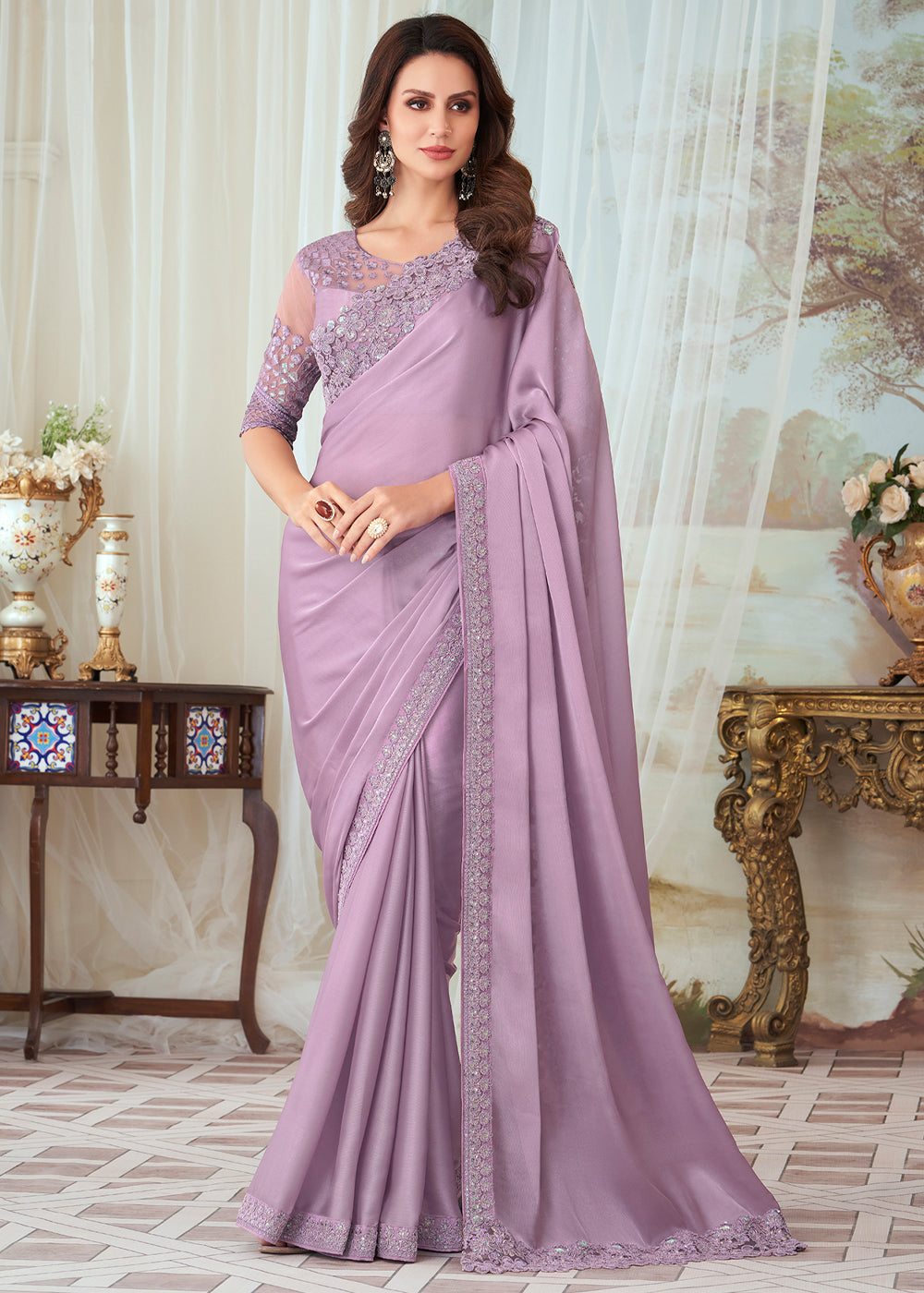Dark purple satin saree with silver designer blouse and belt in Chennai |  Clasf fashion