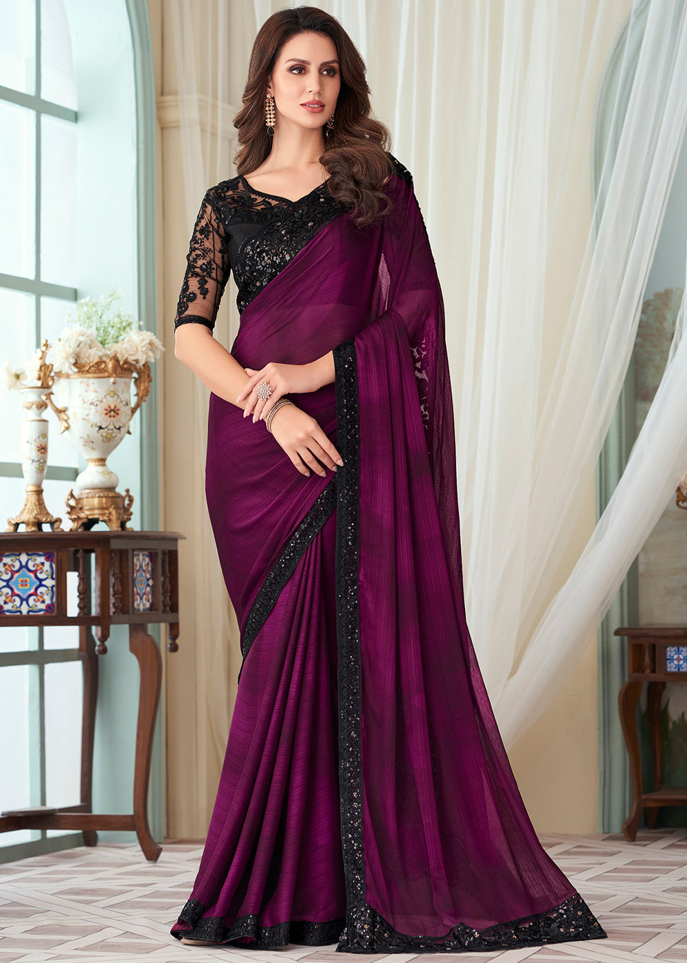 Lilac Satin Silk Saree With Black Unstitched Satin Silk Blouse