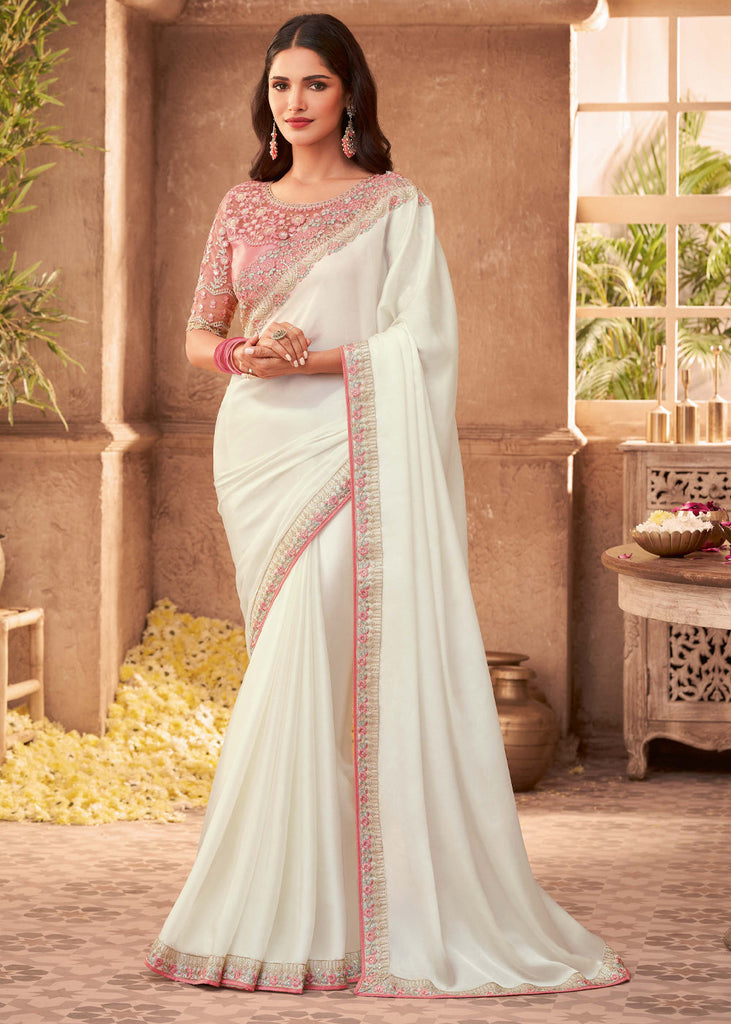 White Color Georgette Saree With Readymade Blouse | Kothari Sons