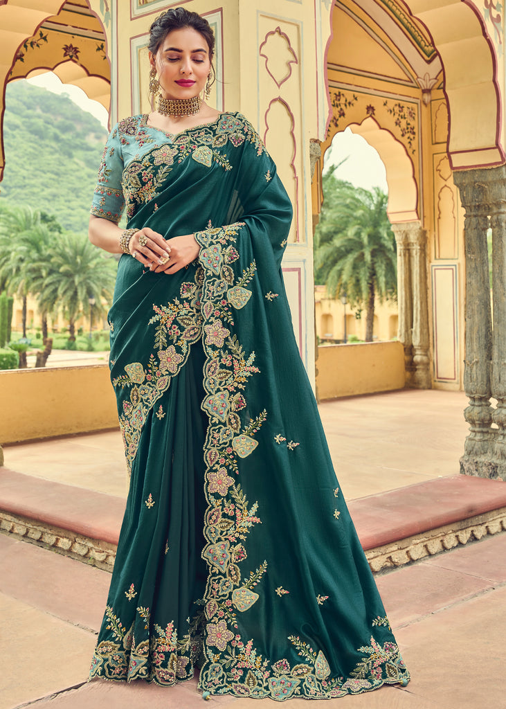 Magnificent Dark Green Colored Readymade Designer Saree