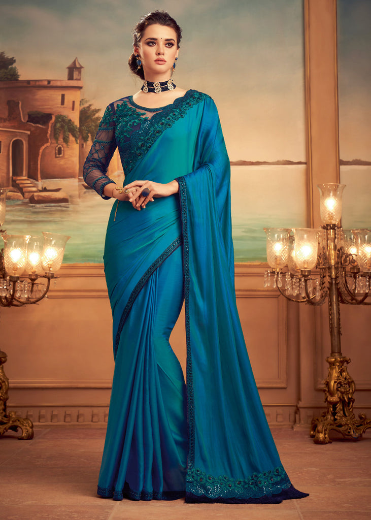 Peacock blue Embroidered Georgette Saree