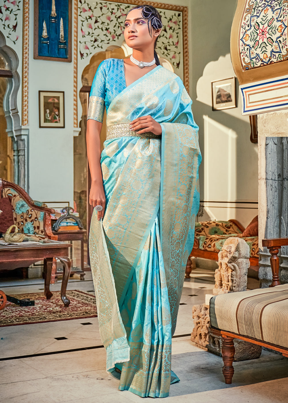 Ice Blue Satin Silk Banarasi Saree – JARIERA