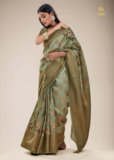 OLIVE GREEN WOVEN JECQUARD FLORAL PRINT SAGA SAREE (6782264737985)