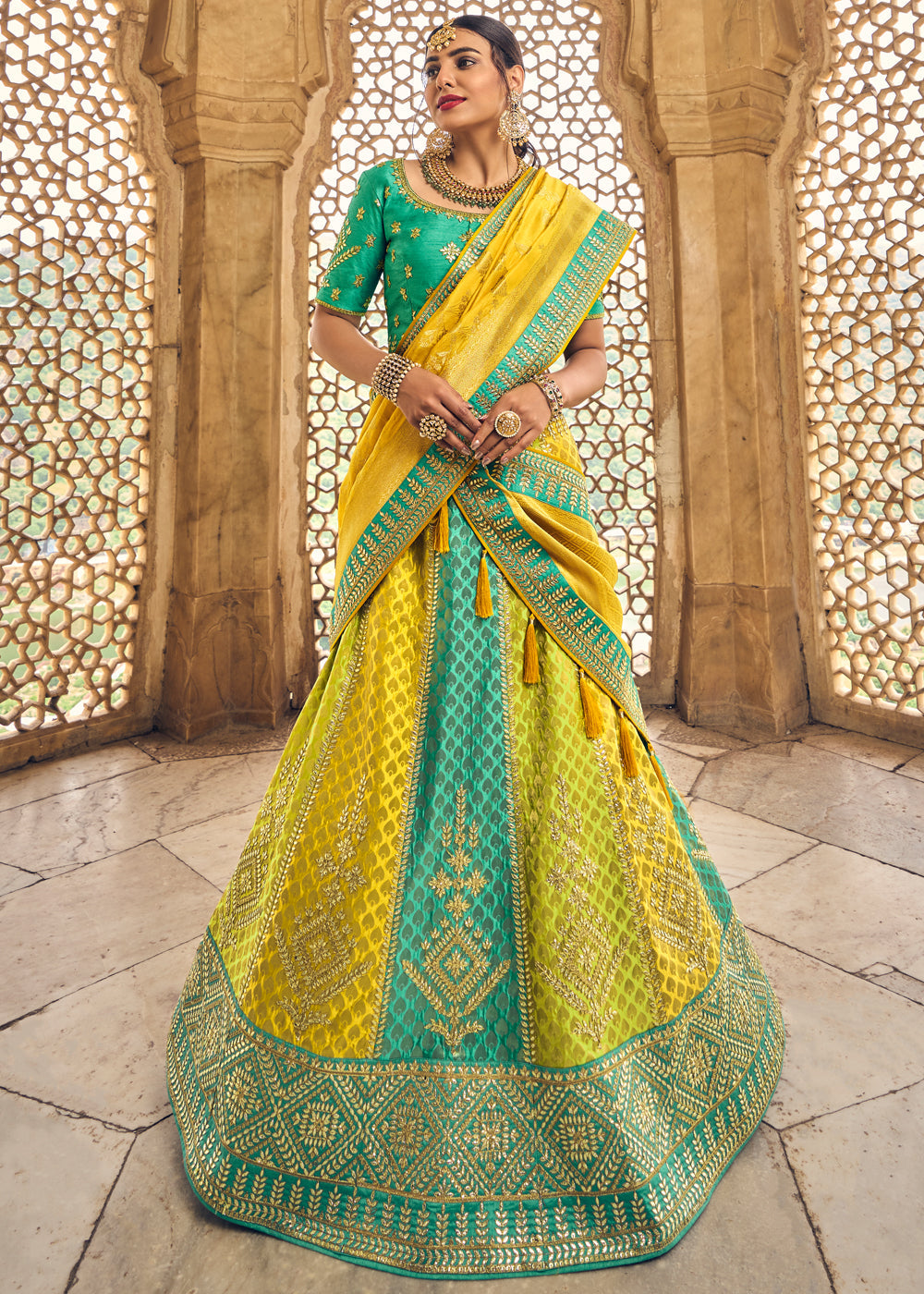 Yellow and Maroon Color Georgette Lehenga - Rent