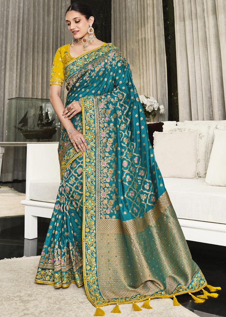 AZURE BLUE WOVEN DESIGNER SATIN SILK SAREE (7519889162433)