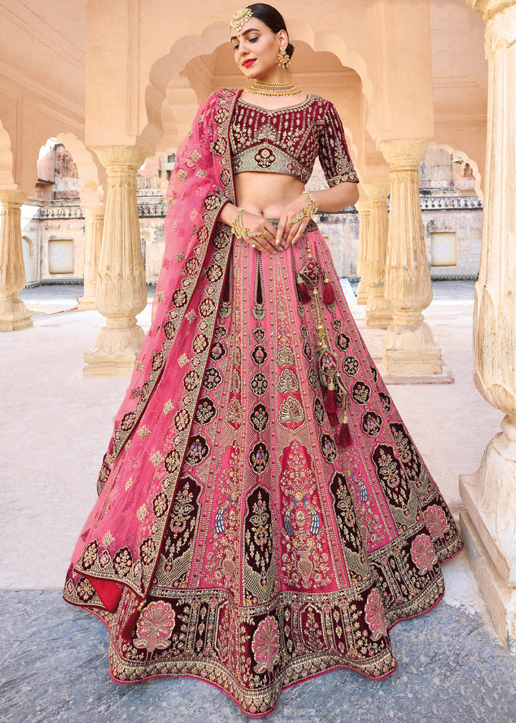 BRIDAL PINK HEAVY EMBROIDERED DESIGNER LEHENGA SET Zaribanaras global