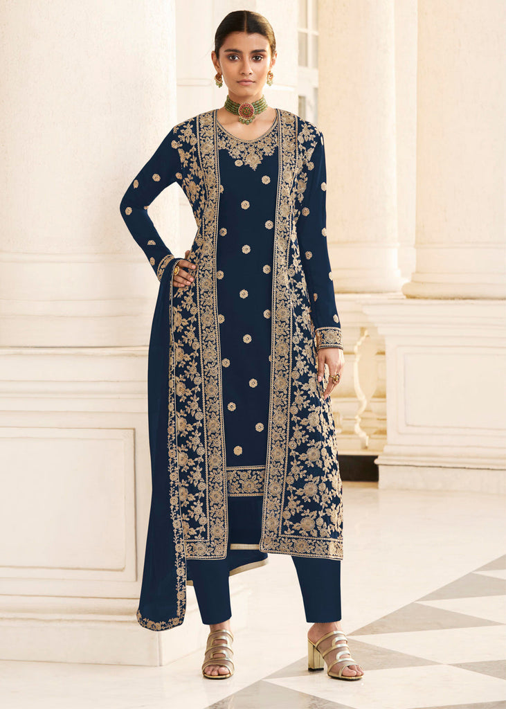 DENIM BLUE HEAVY EMBROIDERED SEMI STITCHED SUIT SET (6827106468033)