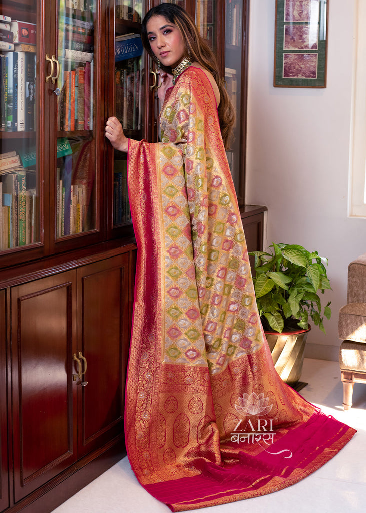 Phalgun : Rangkaat Khaddi Georgette Handloom Banarasi Saree in subtle shades of Yellow and Pink (7490833285313)