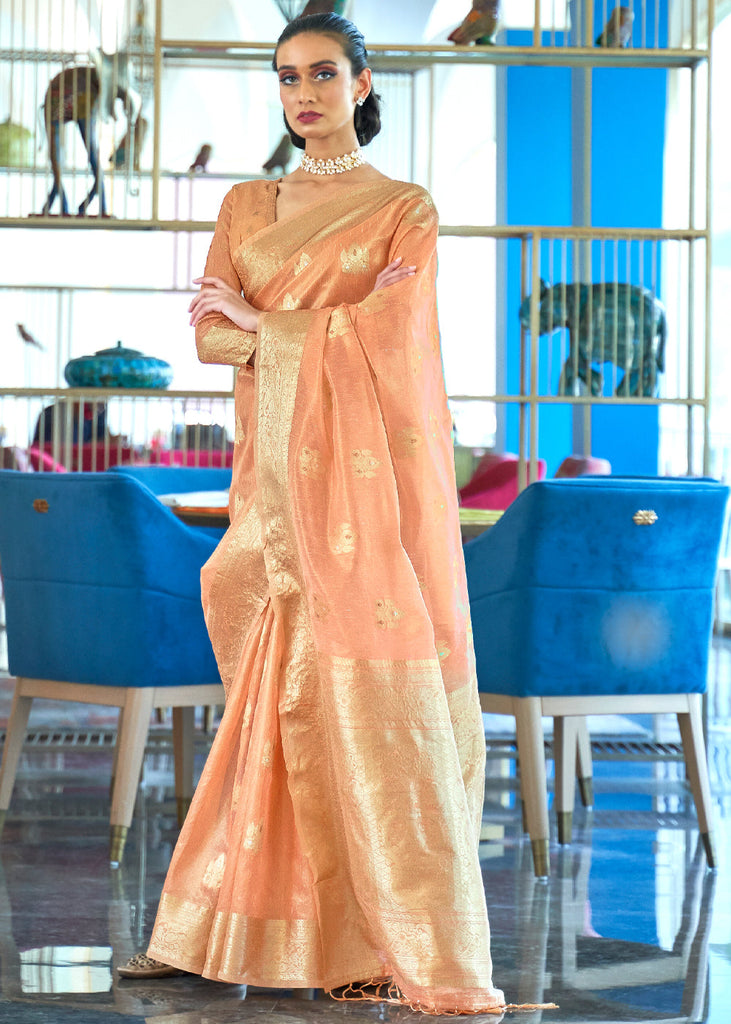 CORAL PEACH  WOVEN BANARASI ORGANZA SAREE (6651909570753)