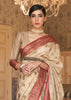 ROYAL BEIGE WOVEN BANARASI TUSSAR SILK SAREE WITH BERRY RED BORDER (6623516491969)