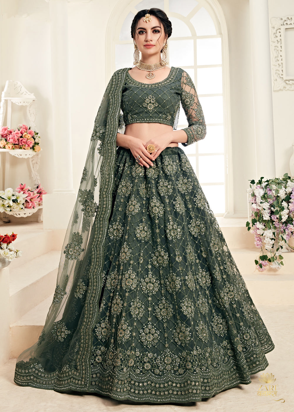 Olive Green Designer Heavy Embroidered Net Wedding & Bridal Lehenga |  Saira's Boutique