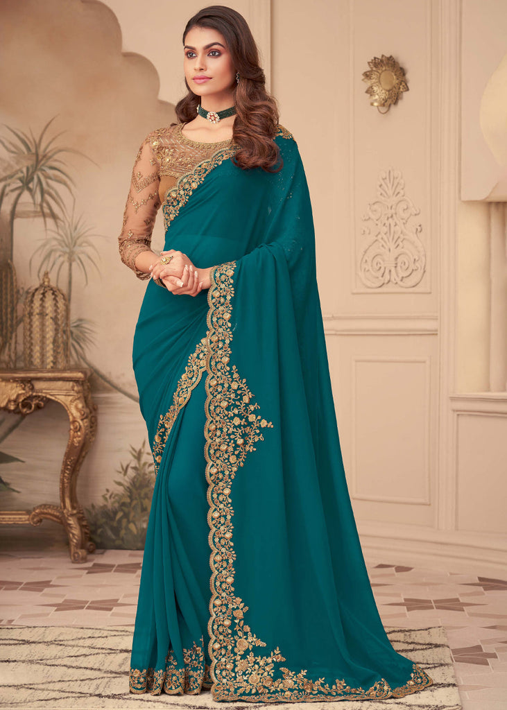 Rama Green Colour Banarasi Silk Fabric Women Saree.