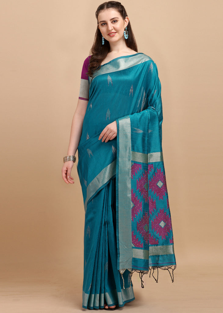 FIROZI BLUE WOVEN TEXTURED COTTON SILK SAREE