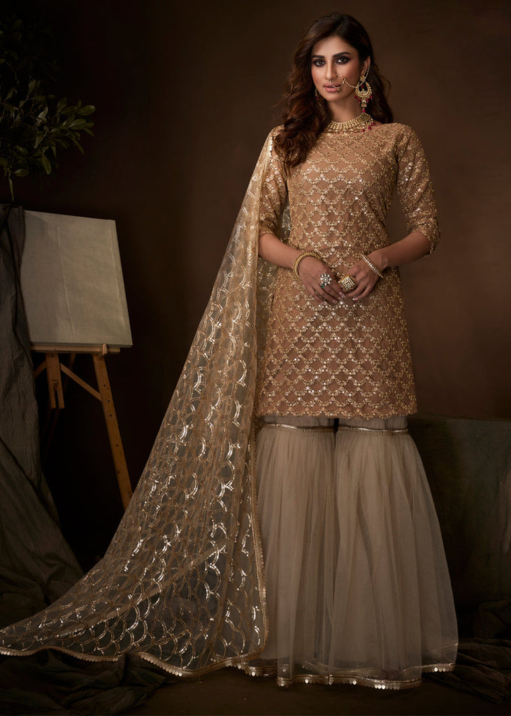 STONE BEIGE HEAVY EMBROIDERED NET SEMI STITCHED SUIT (6652876226753)