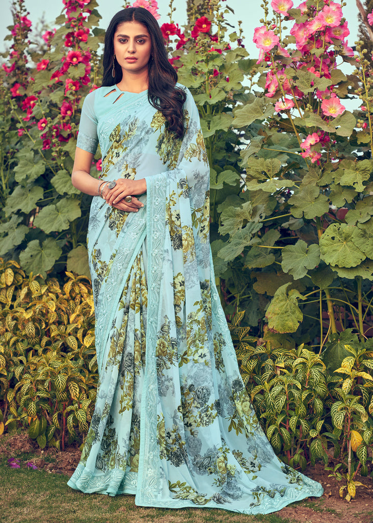 SKY BLUE PRINTED SAREE WITH EMBROIDARY (6885526995137)