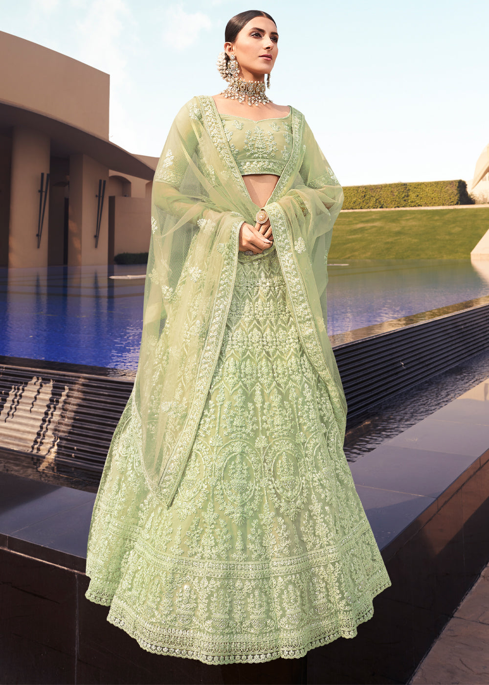 Green Lehenga & Blouse With Embroidered Dupatta