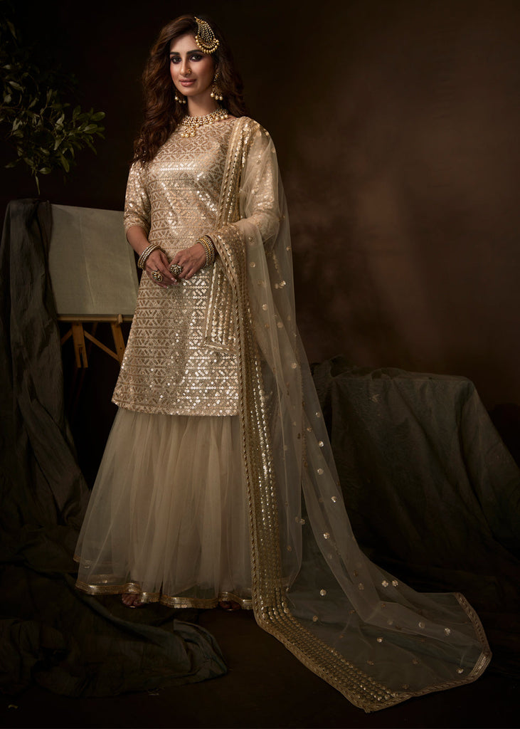 DUSKY GOLDEN BEIGE HEAVY EMBROIDERED SEMI STITCHED SHARARA (6652885106881)