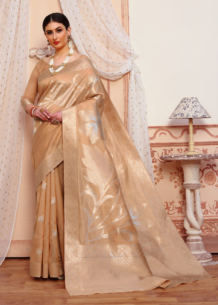 Shop Golden Beige Banarasi Saree Online in USA with Zari Minakari Work –  Pure Elegance