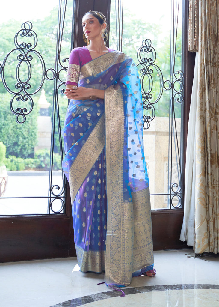 CHICAGO BLUE WOVEN ORGANZA SILK SAREE (6918681460929)