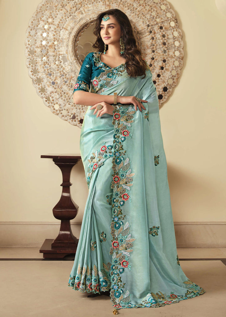 Aqua blue chiffon sari set | Chiffon saree, Blue saree, Aza fashion