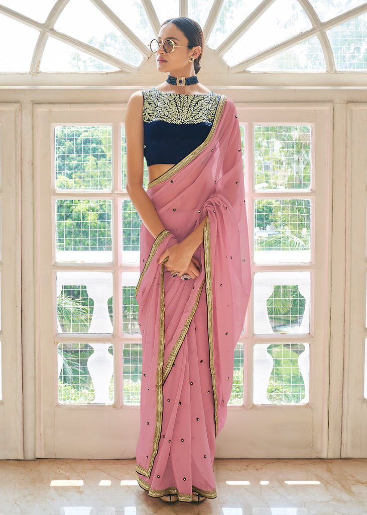 DISHY CORAL ORGANZA SILK DESIGNER SAREE (6873808765121)