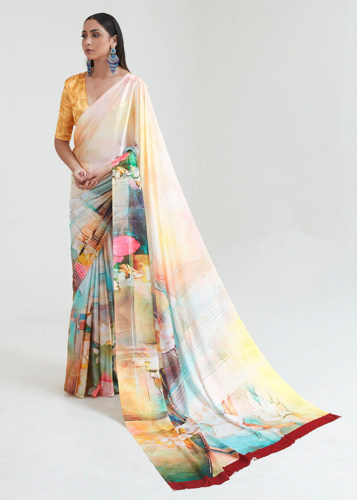 AQUA YELLOW PRINT SAGA SAREE (6297940623553)