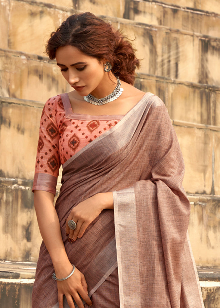 EARTHY BROWN WOVEN LINEN SAREE WITH KHADI PRINT BLOUSE (6713081299137)