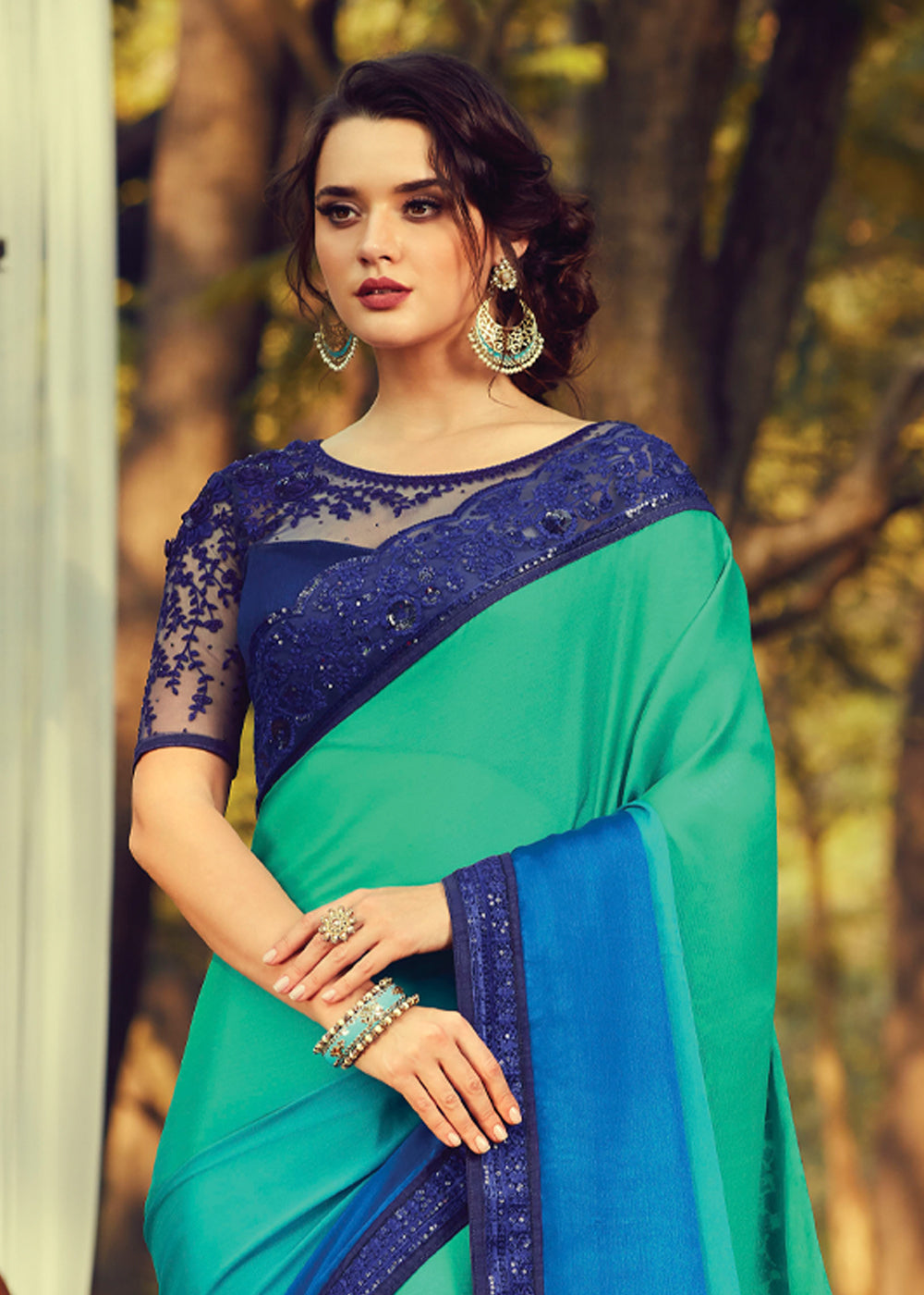 Buy Beautiful Peacock Blue with Green Raw Silk Saree With blouse at  Amazon.in