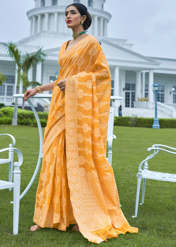 AMBER YELLOW LUCKNOWI CHIKANKARI COTTON PRINCESS SAREE (5899875451031)