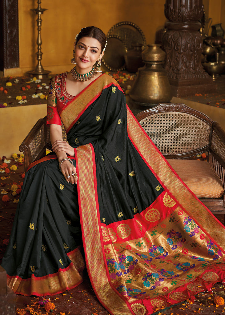 BLACK FINE WOVEN PAITHANI SAREE WITH DESIGNER BLOUSE (6272366215361)