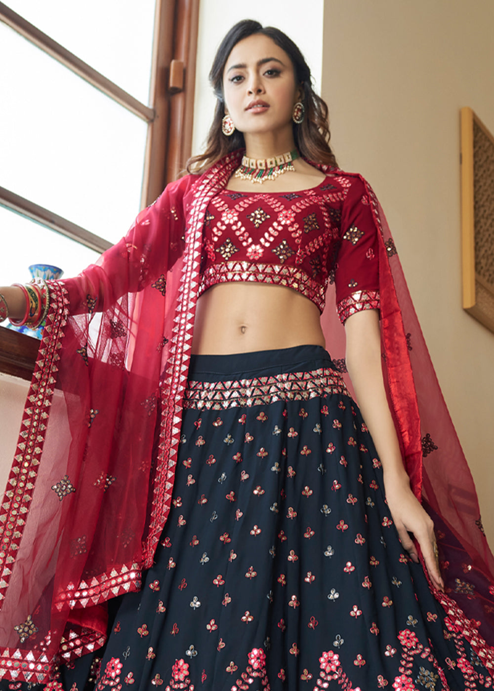 D Fashion Black-Red Women Slim Fit Banarasi brocket fabric with cotton  inner , cancan semi stitch Double mor Lehenga Choli (Pack of 1)