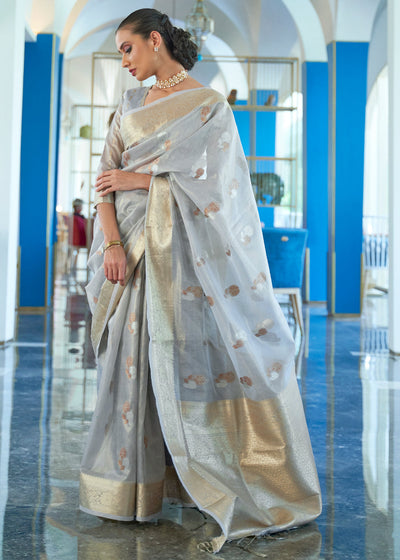 SANTOLINA GREY WOVEN BANARASI ORGANZA SAREE (6651905573057)