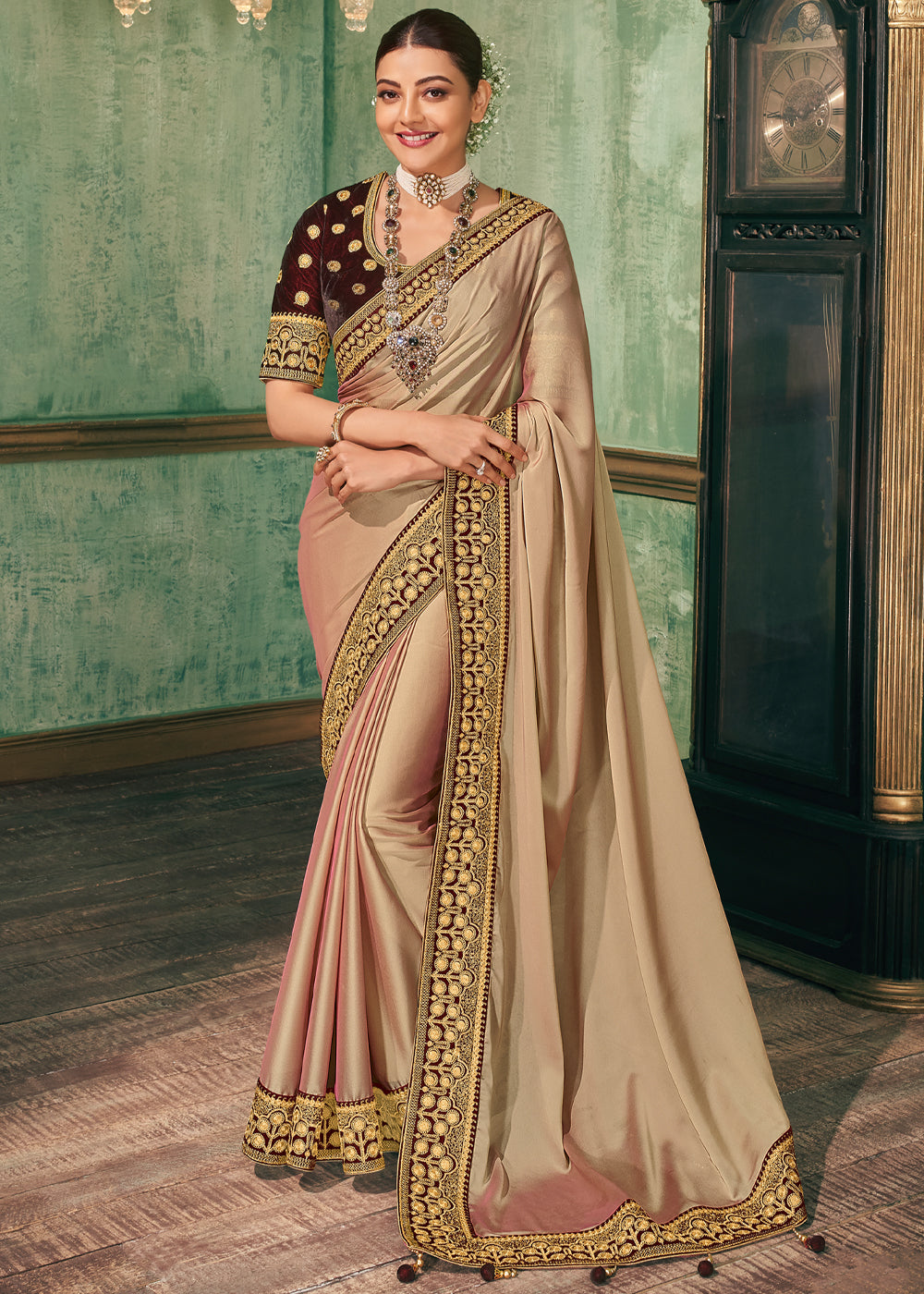 Silk Georgette Embroidered Dark Chocolate Brown Saree With Contrast Ma –  Heritage India Fashions