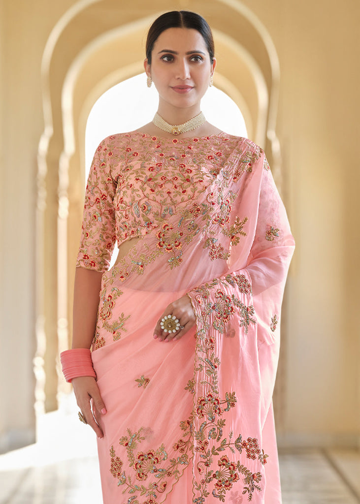 LEVENDER PINK ORGANZA SILK DESIGNER SAREE (6946342731969)