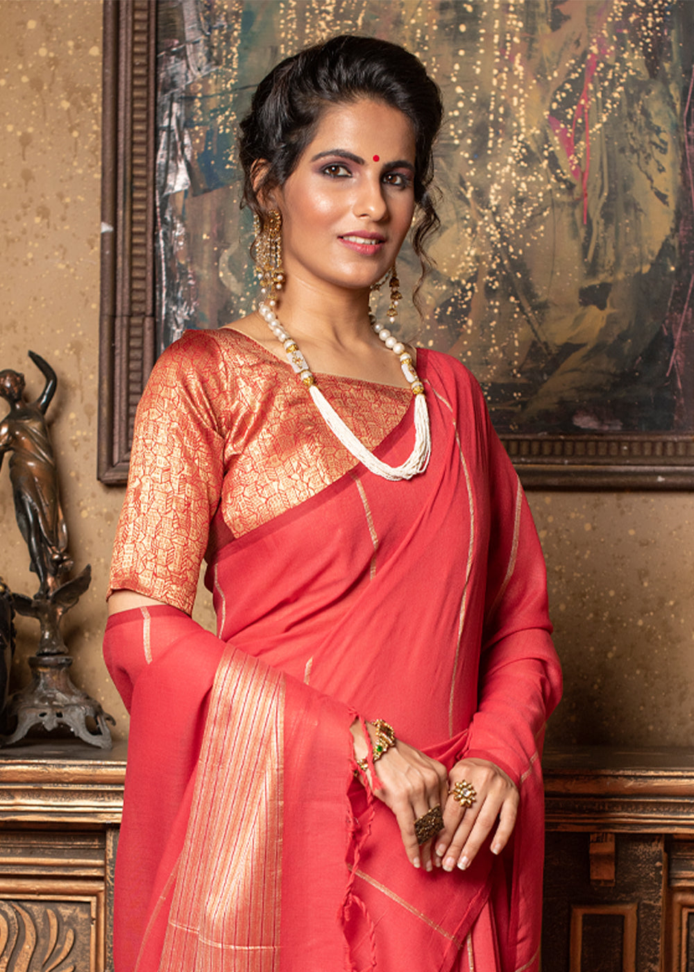 Red Saree With Embroidered Contrast Blouse – Dresstive