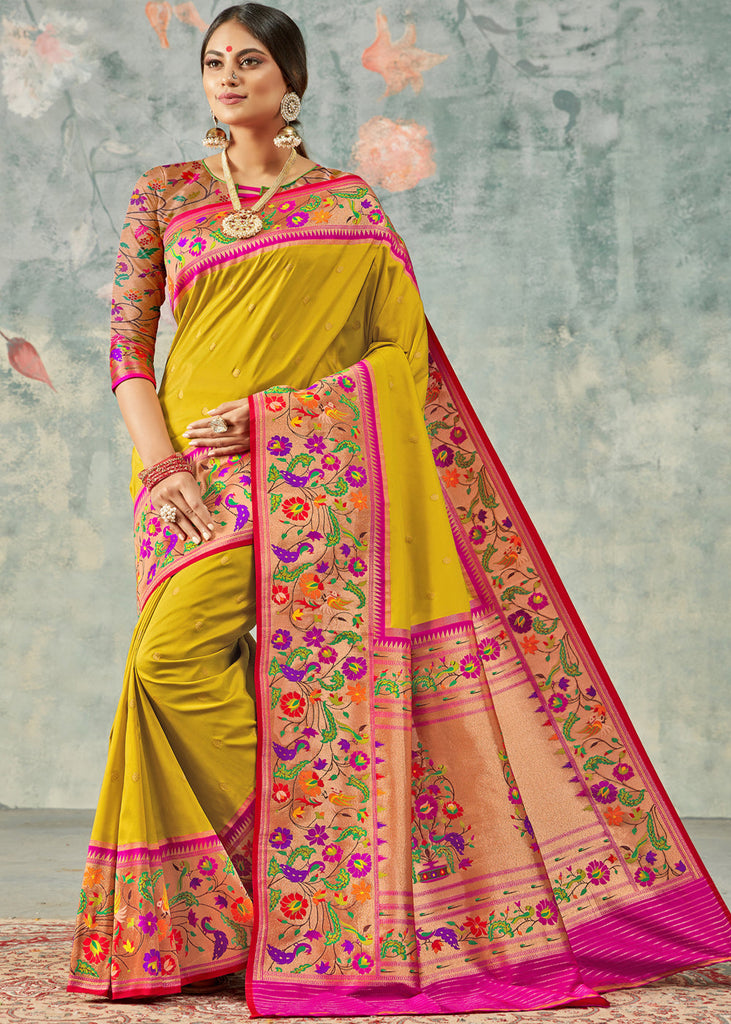 ANTIQUE LIME GREEN AND PURPLE WOVEN PAITHANI SAREE WITH HEAVY ZARI BORDER AND PALLU (6106165772481)